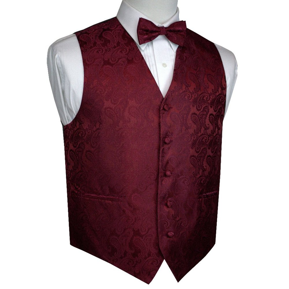 Men's Formal Wedding Prom Tuxedo Vest Bow-Tie Hankie - Burgundy Paisley